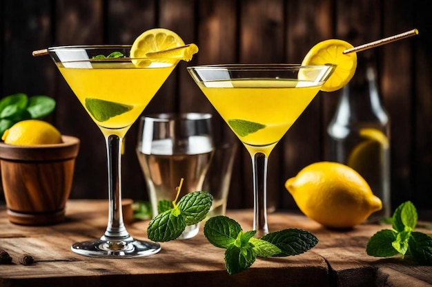 three glasses of martini sit on a table with lemons and mint leaves