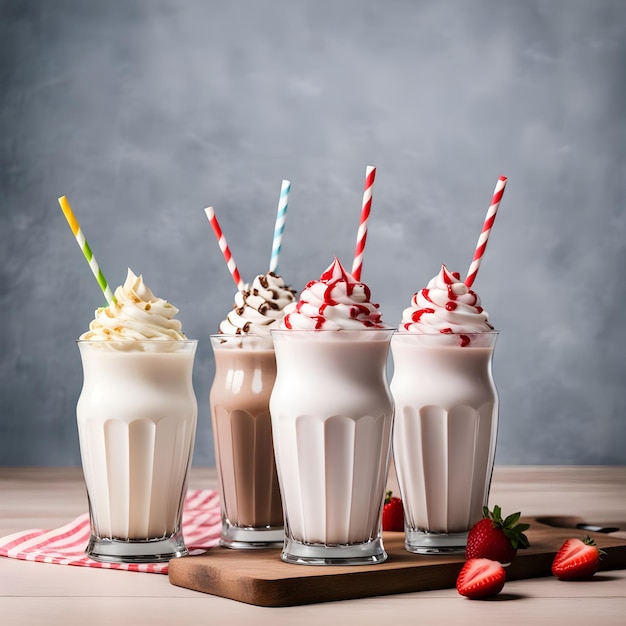 three glasses of milkshake milkshake are lined up on a wooden table