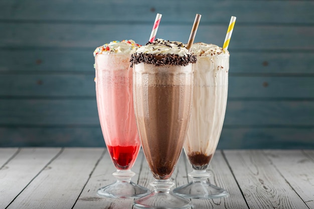 Three glasses of milkshake with assorted flavors. Chocolate, vanilla and strawberry milkshake.