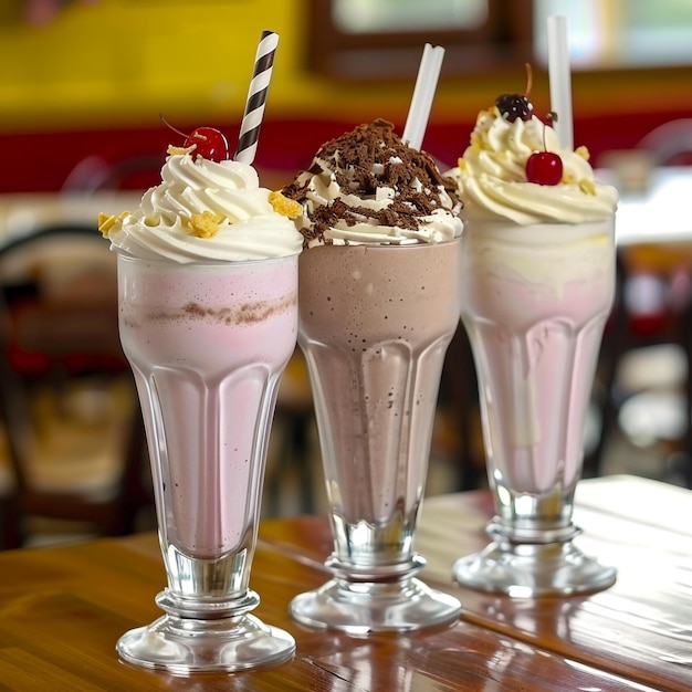 three glasses of milkshake with strawberries and a straw