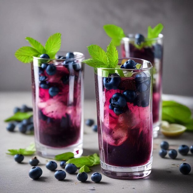 Photo three glasses of raspberries with a green leaf on the top