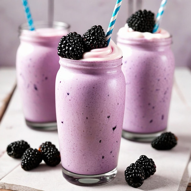 three glasses of raspberry milk with strawberries on a table