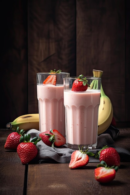 Three glasses of strawberry milkshake with a banana on the side