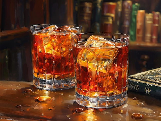 three glasses of whiskey sit on a table with a book behind them