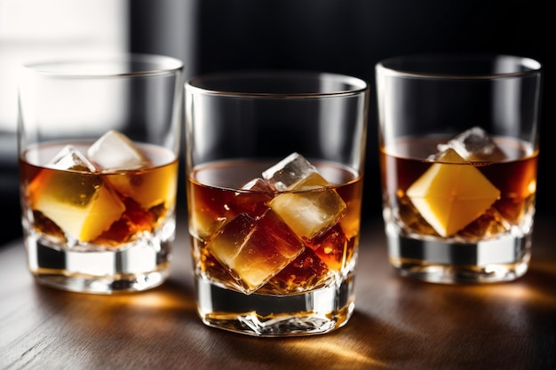 Three glasses of whiskey on a table with ice cubes