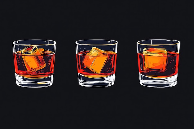 Three Glasses of Whiskey with Ice Cubes on a Black Background