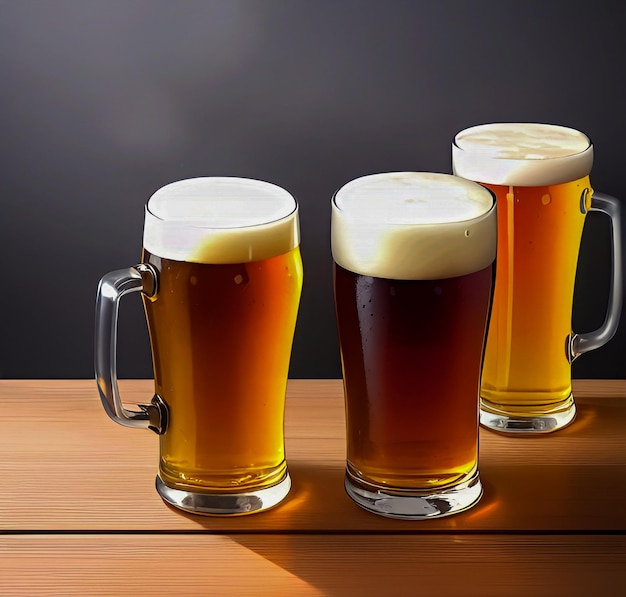 Three glasses with beer on a wooden table on a gray background international beer day