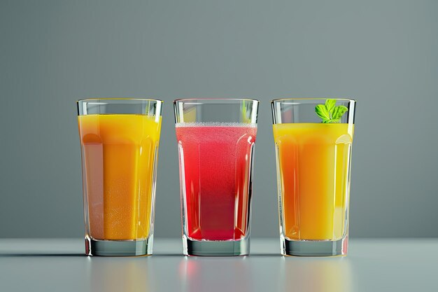 Photo three glasses with different juices with ice