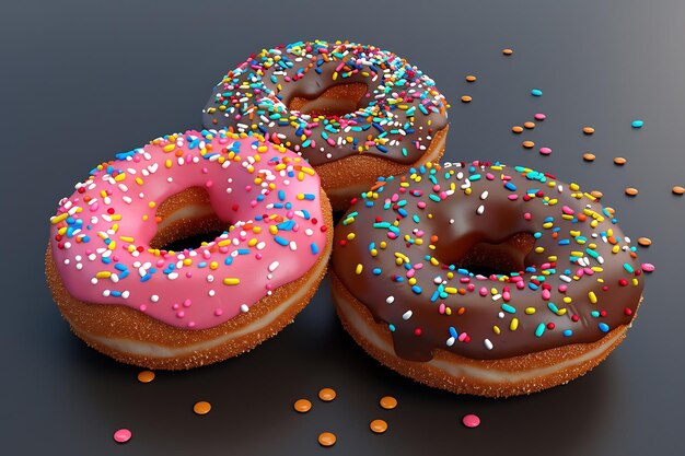 Three glazed donuts on a dark background 3d rendering