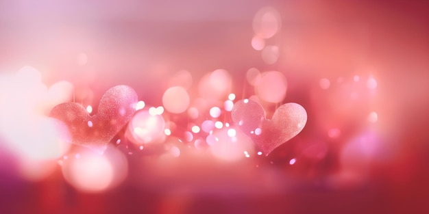 Photo three glowing translucent hearts on a soft focus pink and red background with bokeh lights