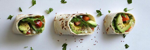 Three glutenfree wraps filled with fresh grilled vegetables and creamy avocado perfect for a