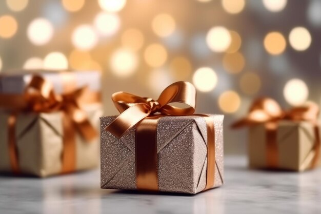 Three gold gift boxes with gold ribbon on a table with bokeh lights in the background.