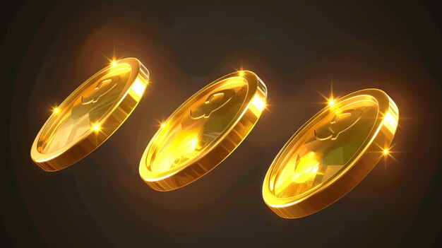 Photo three golden coins with a shining light on a dark background