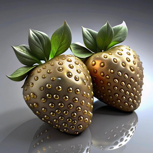 three golden colored fruit with green leaves and a brown and gold speckled top