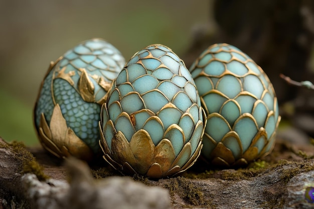 Photo three golden dragon eggs on moss covered stone