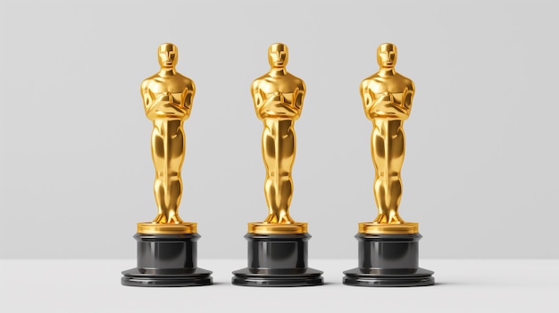 Three golden Oscar statuettes displayed against a plain background symbolizing prestigious awards in