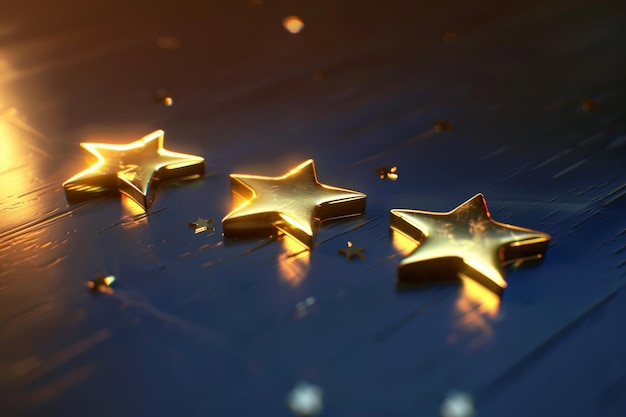 Three golden stars glisten on a moody blue reflective surface