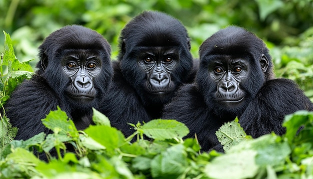 three gorillas are standing in the grass one of them has a black face