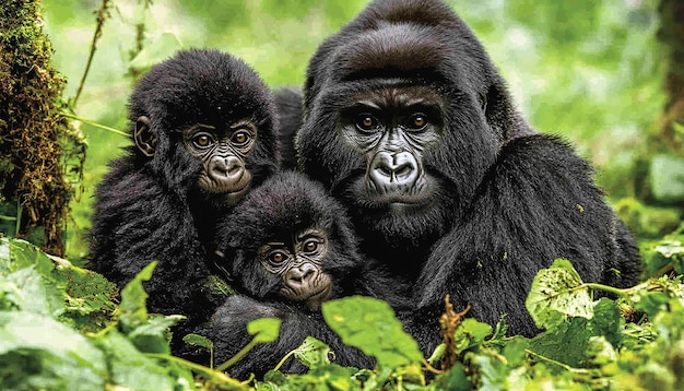 three gorillas are standing together with one of them has a baby