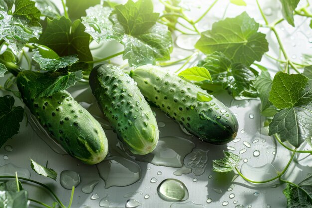 Photo three green cucumbers with fresh leaves are placed on a table