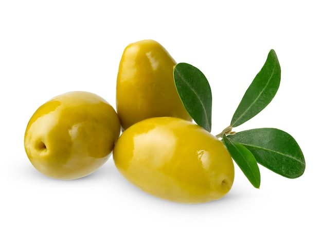 Three green olives with leaves isolated on white background with clipping path