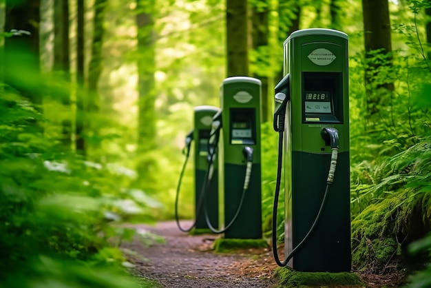 Three green parking meters are lined up in a forest.