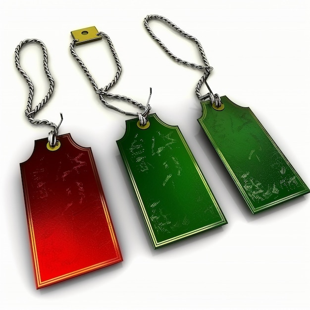 three green and red tags with the word  t  written on them