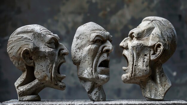 Photo three grey stone sculptures of human heads each with a different expression of distress and agony