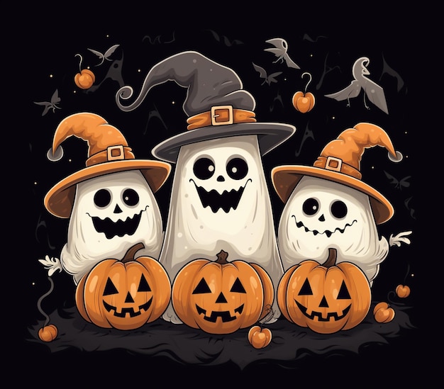 three halloween ghosts in hats and pumpkins with bats generative ai