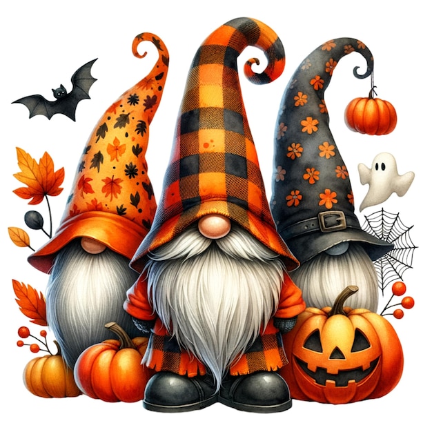 three Halloween Gnomes a hat covering his face isolated and cutout on white background