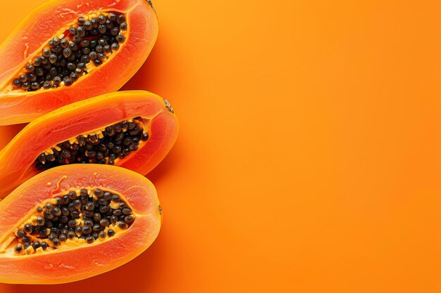 Photo three halved papaya on orange background