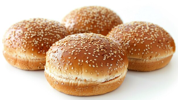 Three hamburger buns with sesame isolated on white background