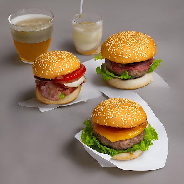 Three hamburgers are on a table with a glass of beer.