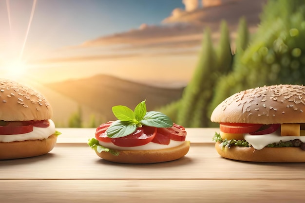 Three hamburgers on a wooden table with a sunset in the background