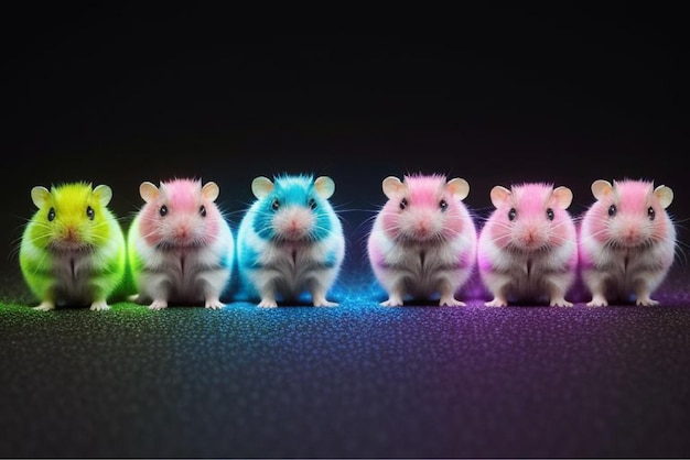 Photo three hamsters are lined up in a row one of which is blue pink and green