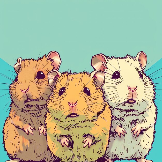 Photo three hamsters are sitting together on a blue background