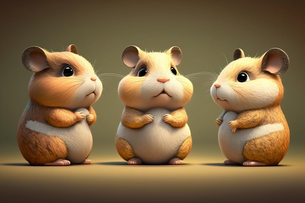 Three hamsters are standing in a row and the middle is a brown background.