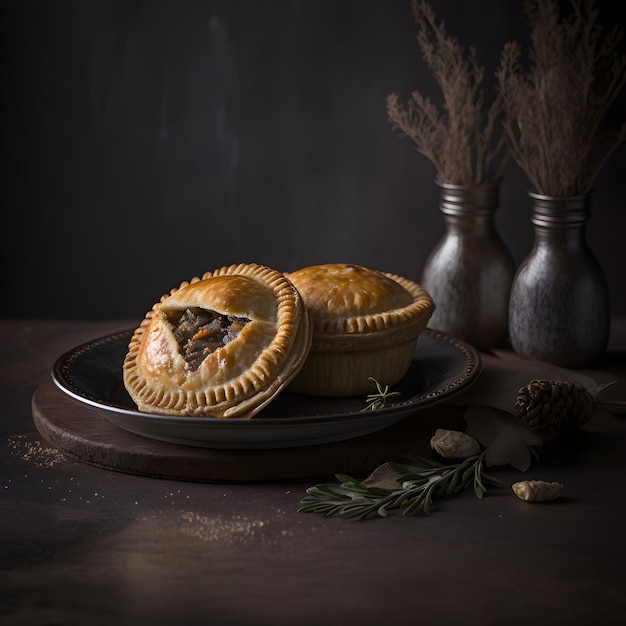 Three hand pies on a plate with a black background.