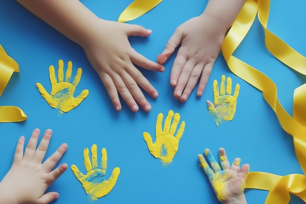 Photo three hands painted yellow with yellow ribbons tied around wrists