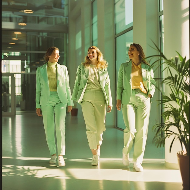 Three Happy Business People in Pastel Green Clothing