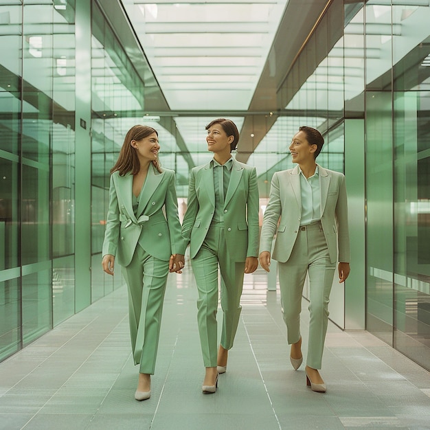 Three Happy Business People in Pastel Green Clothing