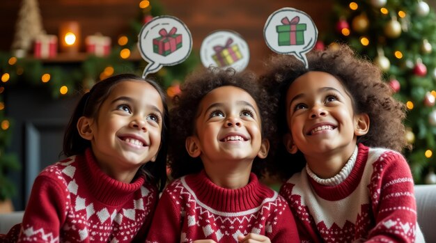 Three happy children wearing matching festive sweaters sit together gazing upward with excitement as they share their holiday wishes for gifts in a warm decorated living room