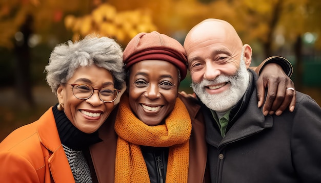 three happy elderly people standing in nature in autumn