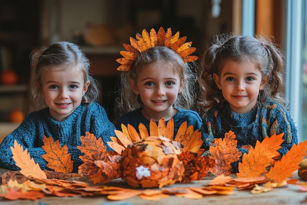 Three Happy Little Girls Crafting with Colorful Fall Leaves at Home in Cozy Sweaters Togethe