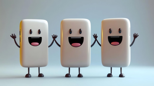 Photo three happy rectangle characters