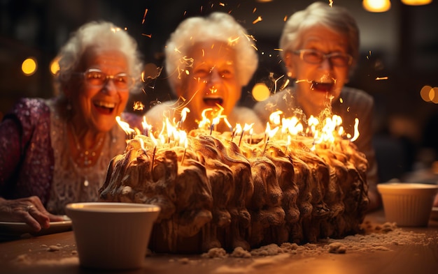 Three Happy Senior women and candles on birthday cake for a celebration