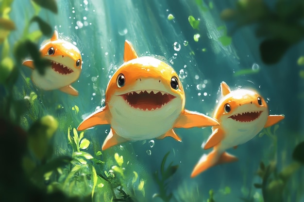 Three Happy Sharks Swimming in Sunlight