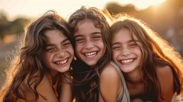 Three Happy Sisters Shared Laughter And Sisterly Love As They Sat Together OutsideHigh Resolution