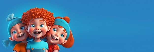 Three happy smiling 3D redheaded girls are isolated on a blue background Happy Children's day banner