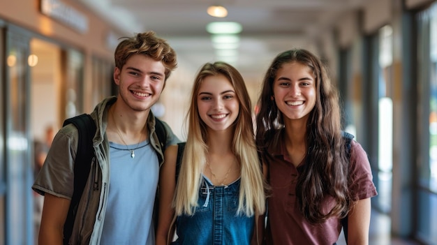 Three Happy Students in a Hallway